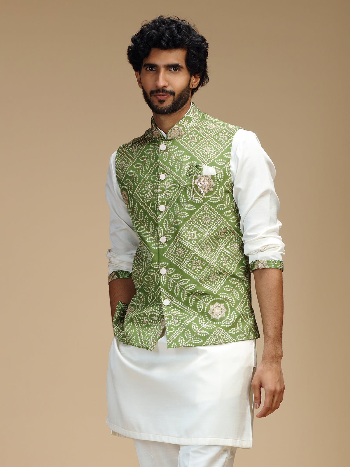 Green and white cotton silk mens waistcoat set