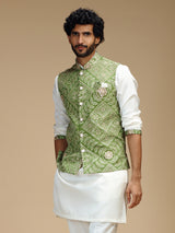 Green and white cotton silk mens waistcoat set