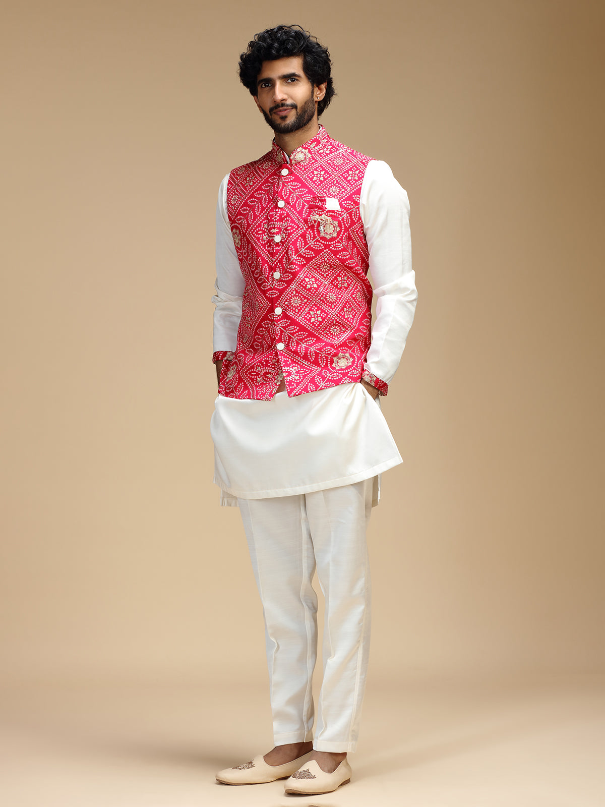 Magenta and white cotton silk mens nehru jacket set