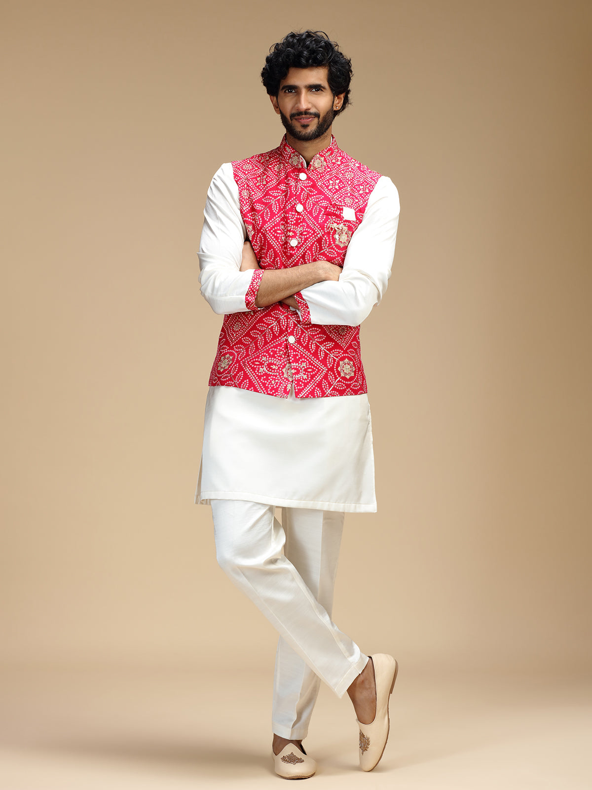 Magenta and white cotton silk mens nehru jacket set