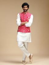 Magenta and white cotton silk mens nehru jacket set