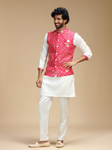 Magenta and white cotton silk mens nehru jacket set