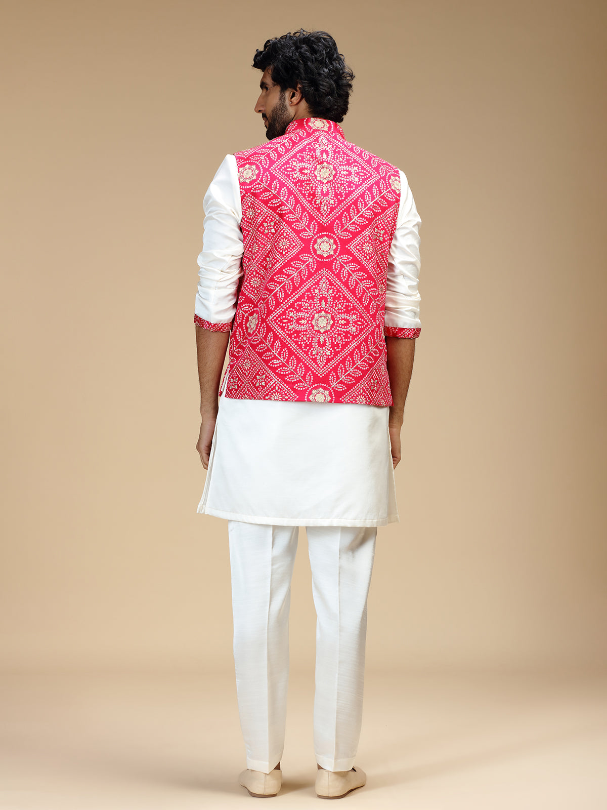 Magenta and white cotton silk mens nehru jacket set