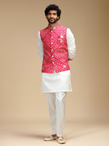 Magenta and white cotton silk mens nehru jacket set