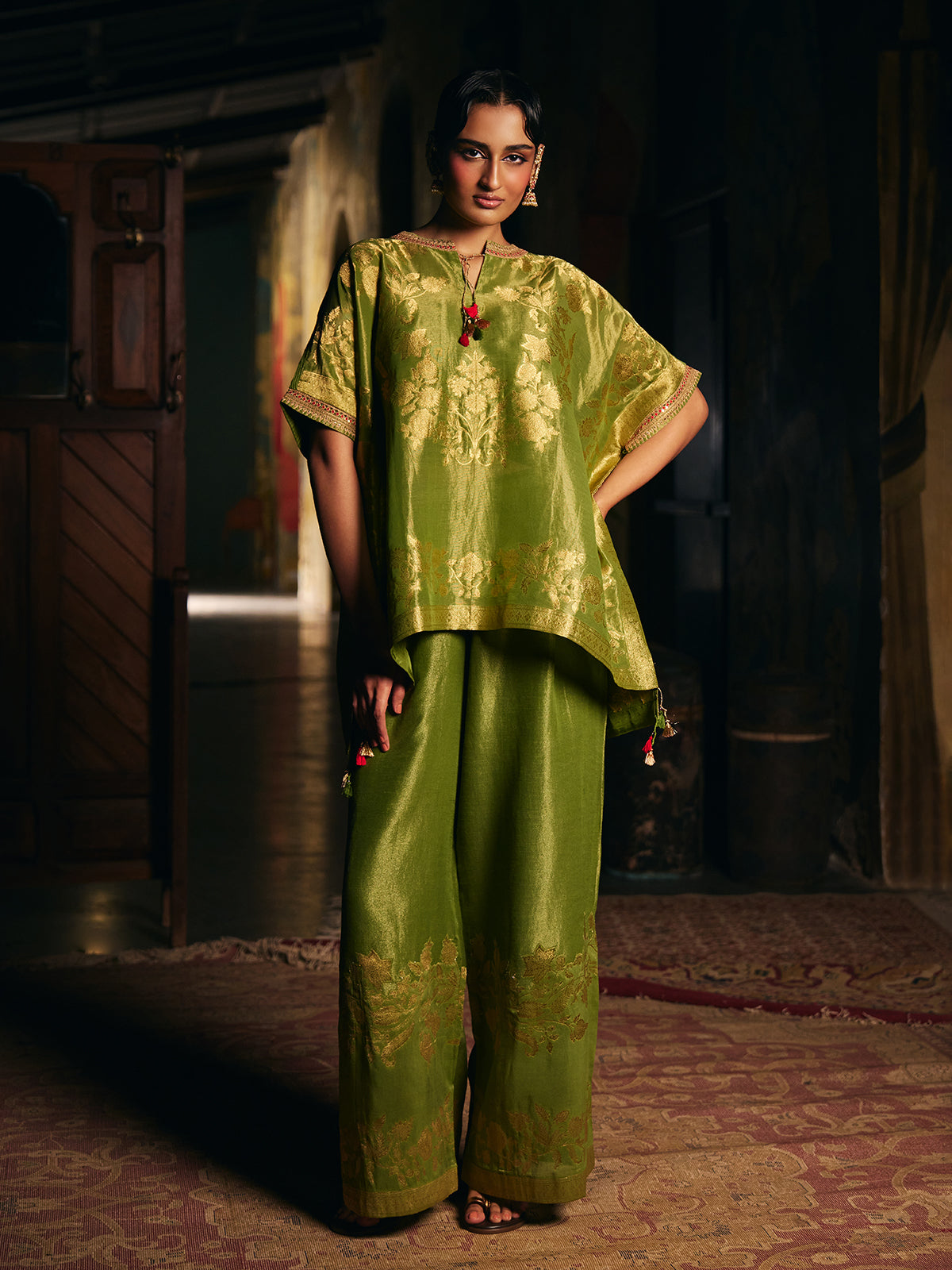 Olive green womens designer kaftan style palazzo suit