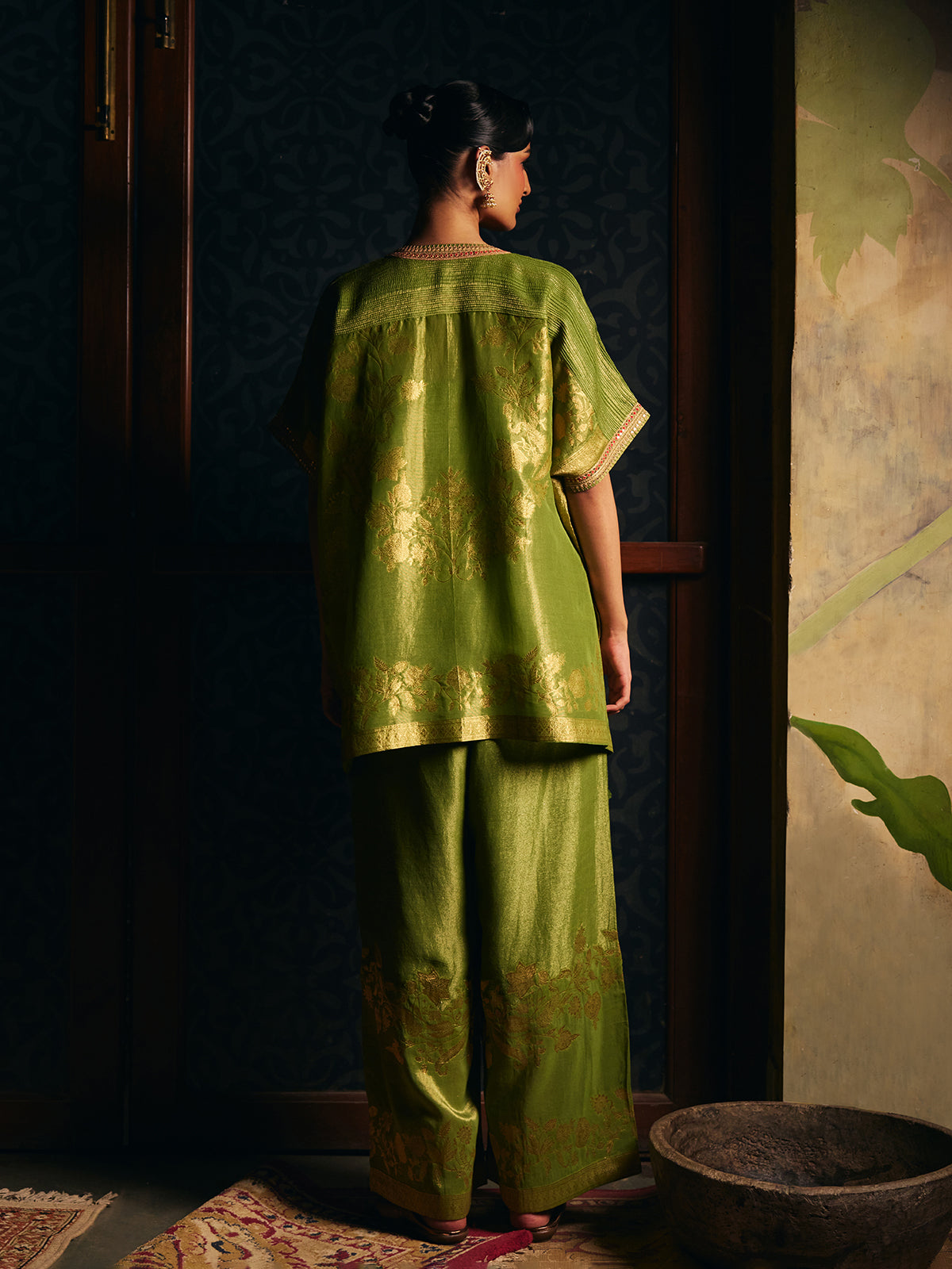 Olive green womens designer kaftan style palazzo suit