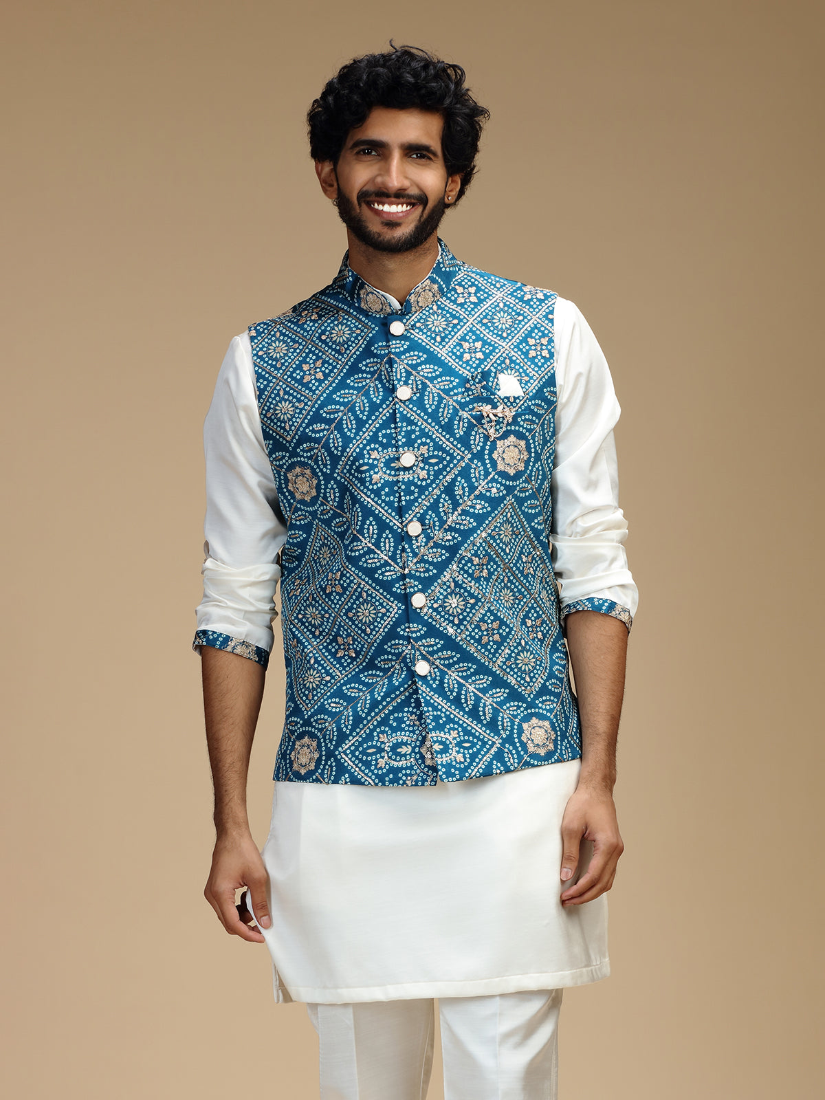 White and blue cotton silk mens waistcoat set