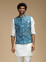 White and blue cotton silk mens waistcoat set