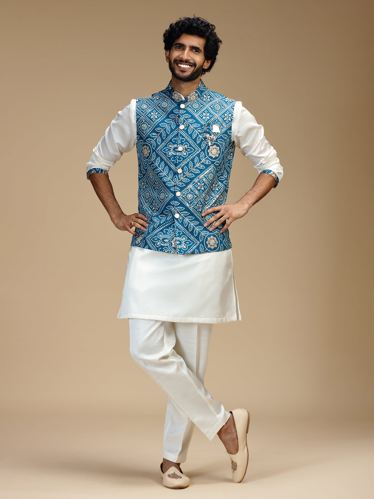 White and blue cotton silk mens waistcoat set