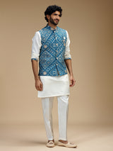 White and blue cotton silk mens waistcoat set