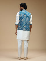 White and blue cotton silk mens waistcoat set