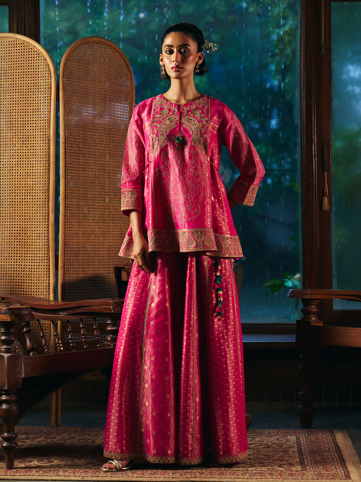 Magenta pink womens sharara suit with Mughal embroidery