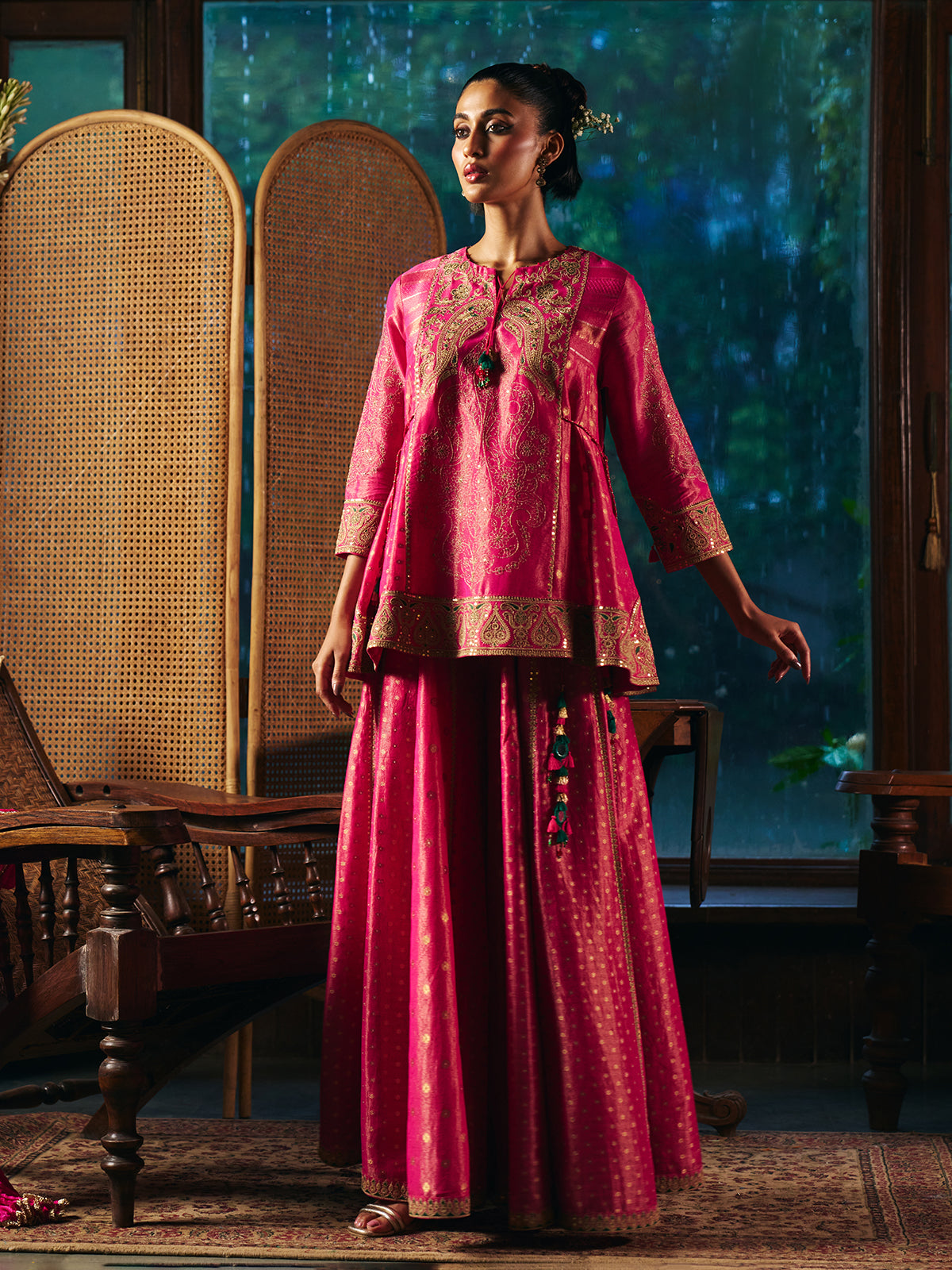 Magenta pink womens sharara suit with Mughal embroidery