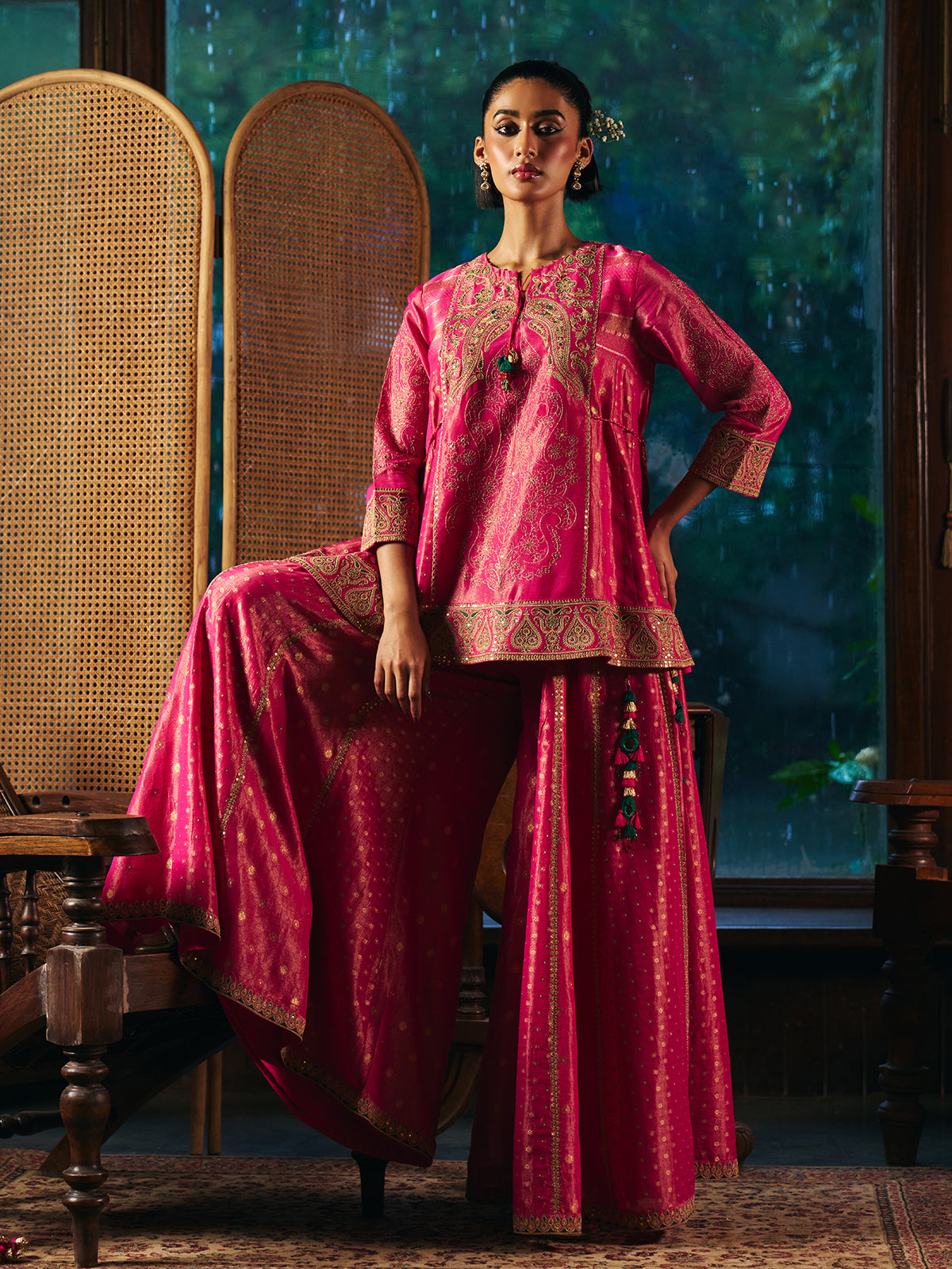 Magenta pink womens sharara suit with Mughal embroidery
