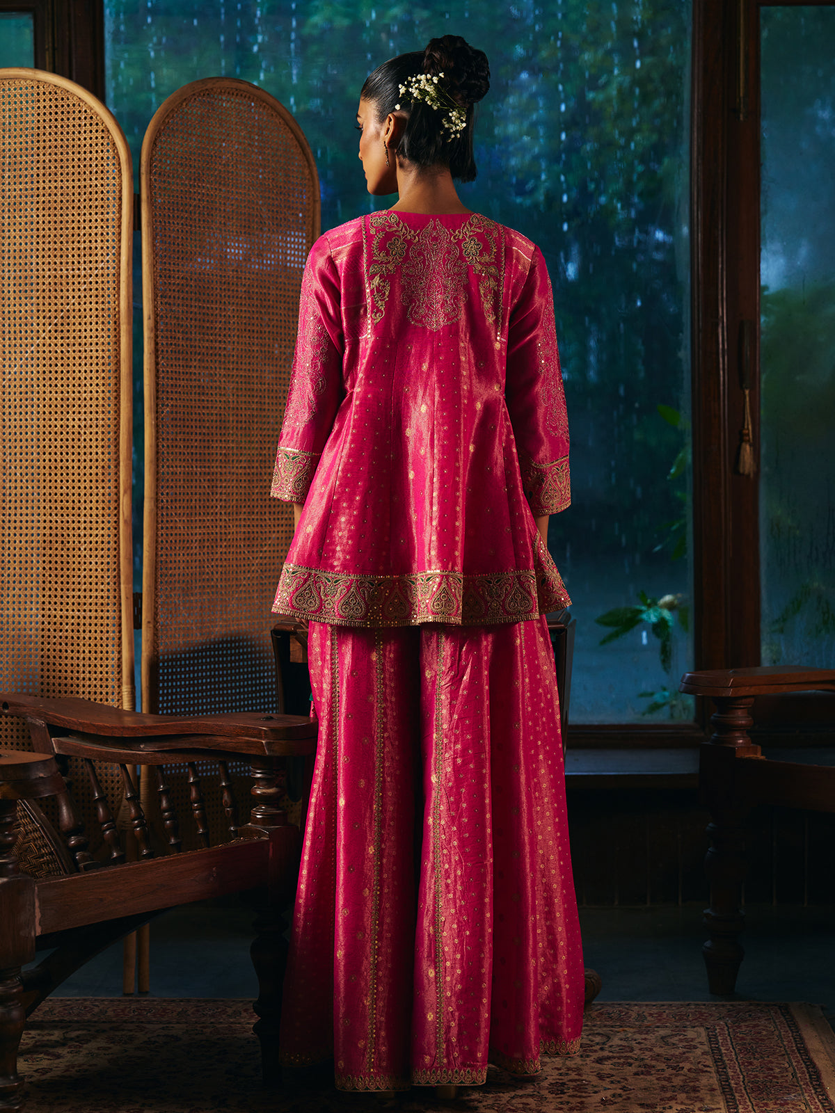 Magenta pink womens sharara suit with Mughal embroidery