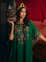 Mehendi green womens kaftan style suit with floral embroidery