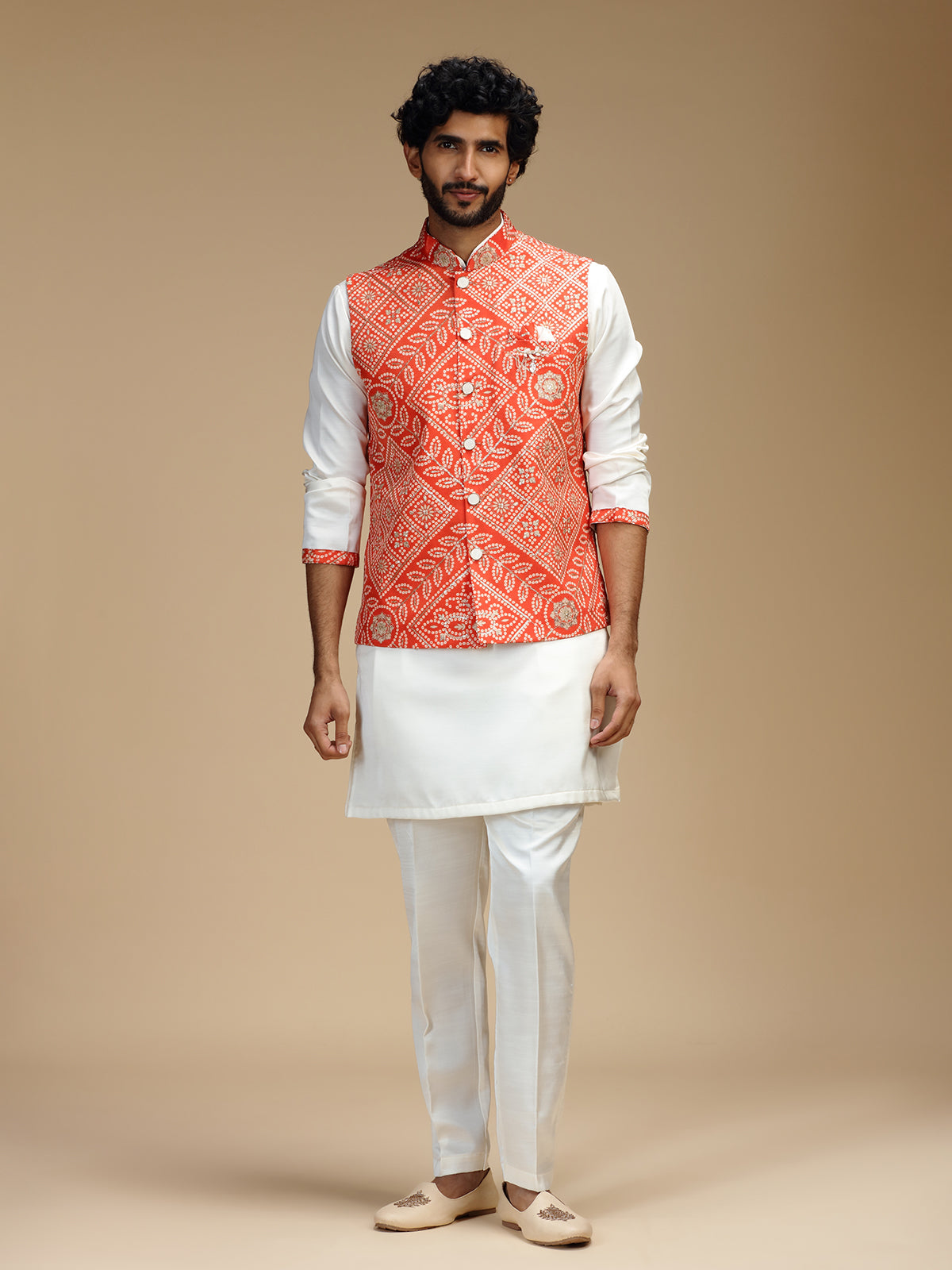 Orange and white cotton silk mens nehru jacket set