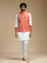 Orange and white cotton silk mens nehru jacket set