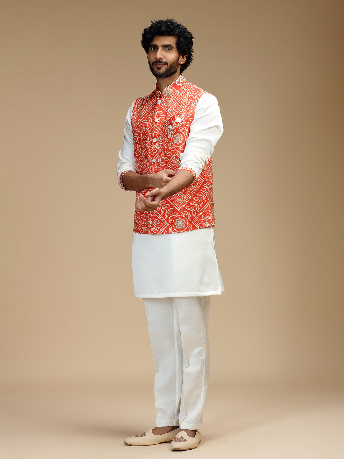 Orange and white cotton silk mens nehru jacket set
