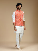 Orange and white cotton silk mens nehru jacket set