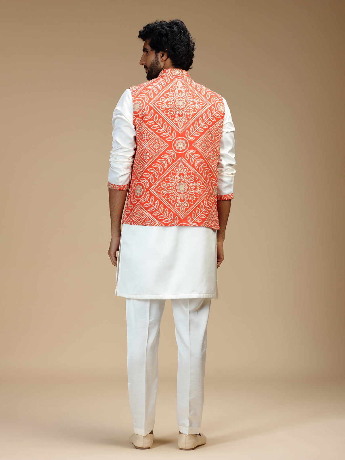 Orange and white cotton silk mens nehru jacket set
