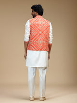 Orange and white cotton silk mens nehru jacket set