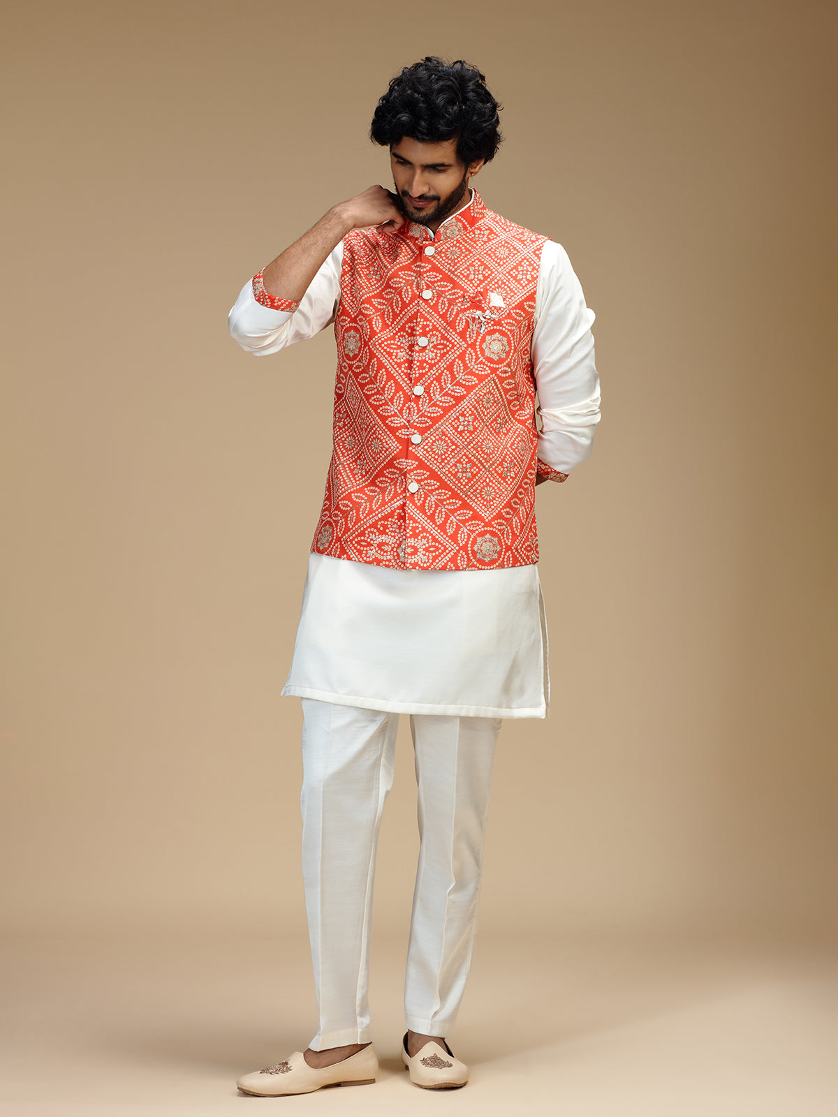 Orange and white cotton silk mens nehru jacket set