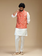 Orange and white cotton silk mens nehru jacket set