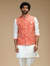 Orange and white cotton silk mens nehru jacket set