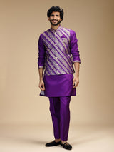Purple banarasi brocade silk mens waistcoat set