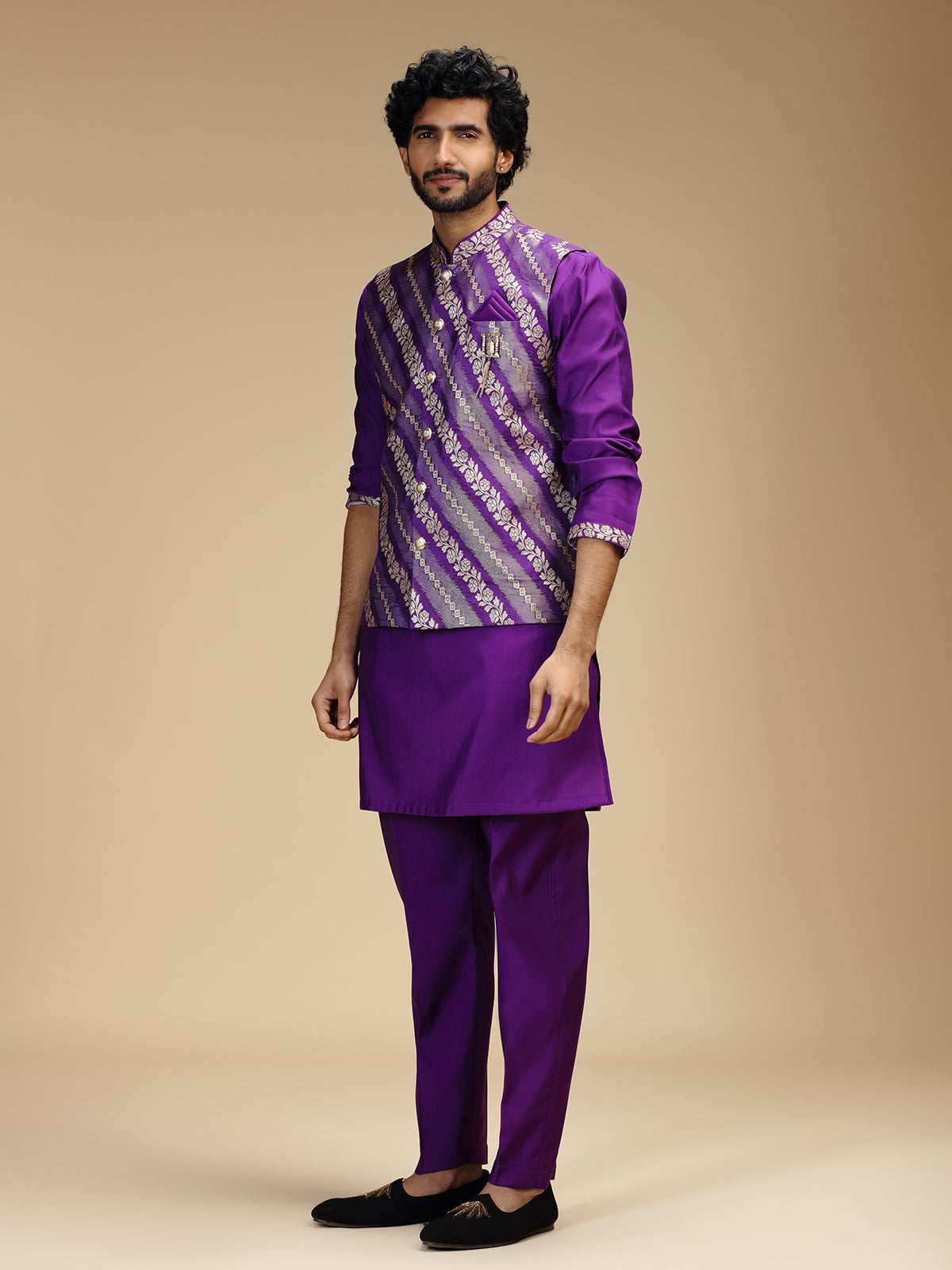 Purple banarasi brocade silk mens waistcoat set