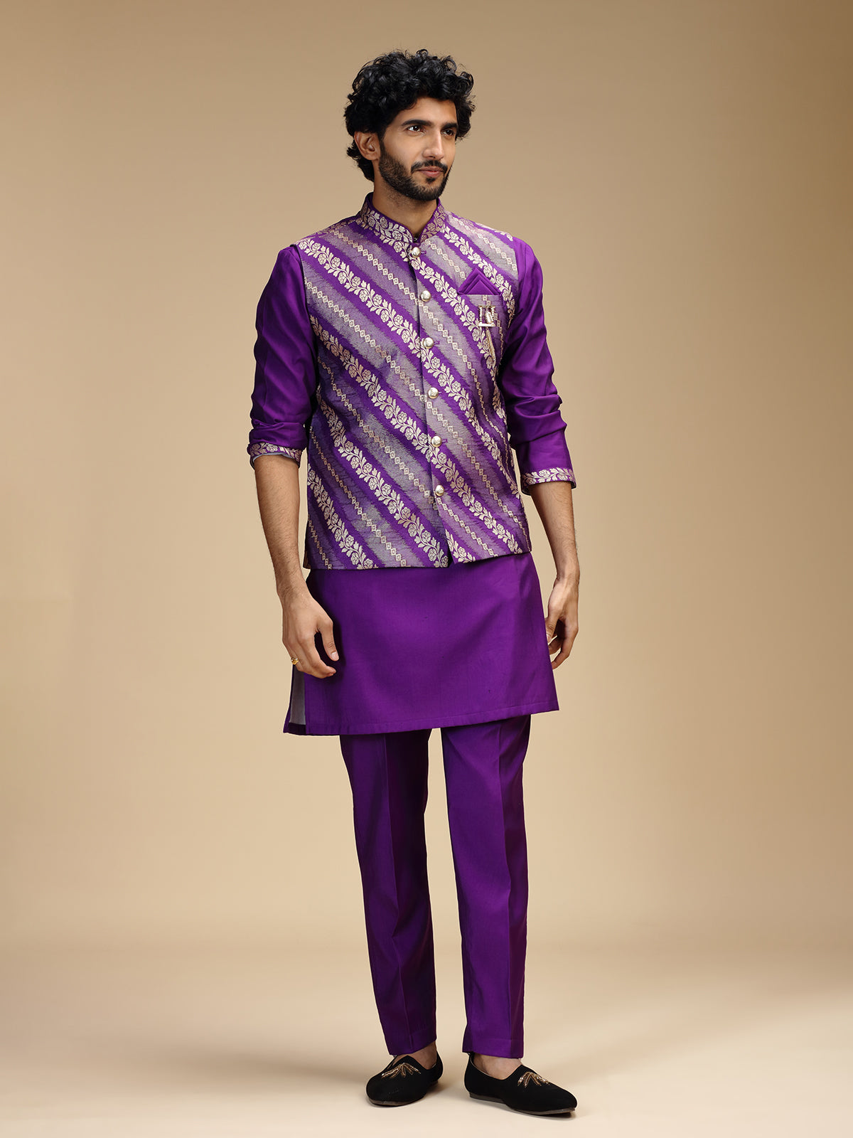 Purple banarasi brocade silk mens waistcoat set