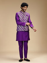 Purple banarasi brocade silk mens waistcoat set