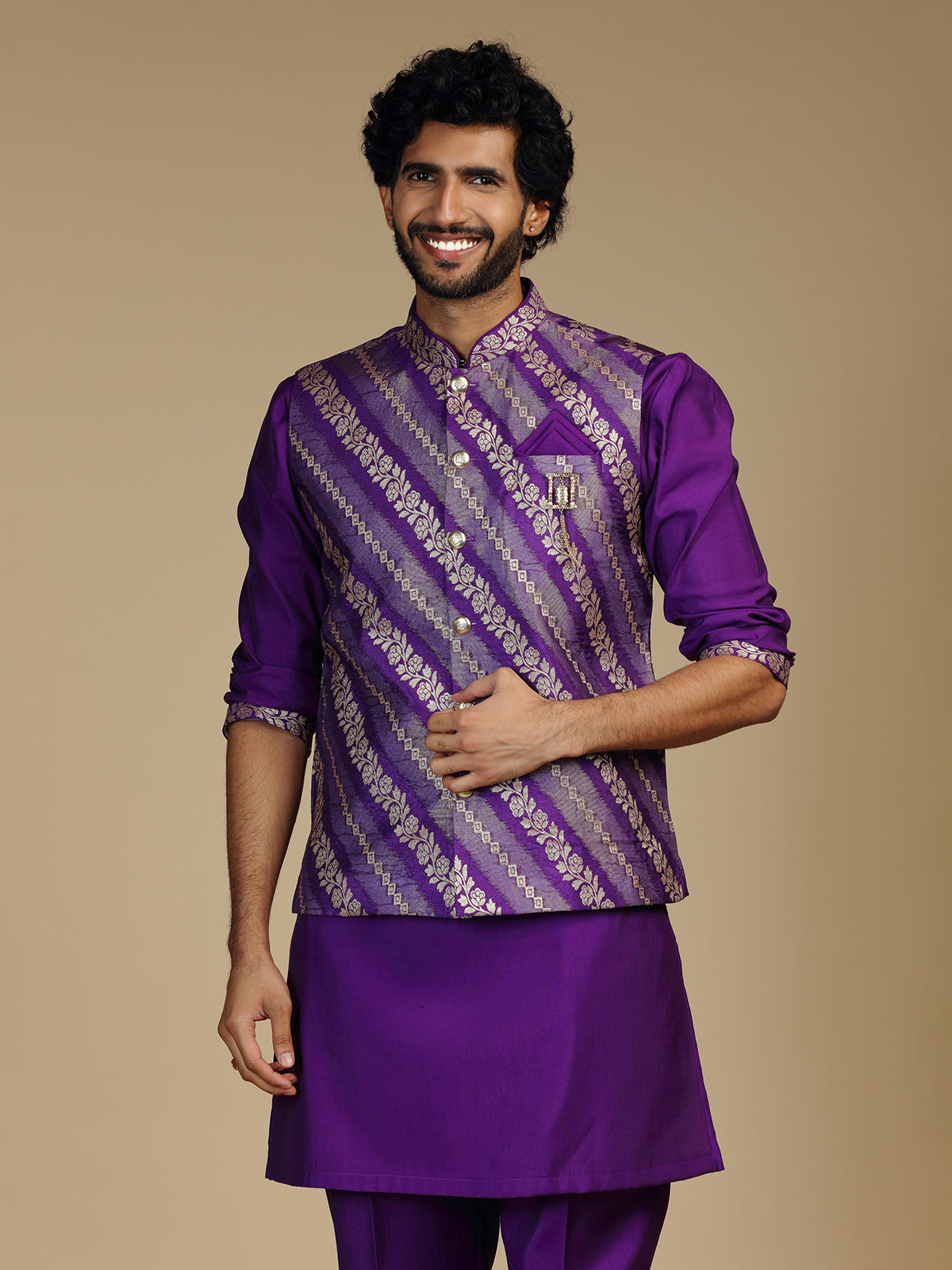 Purple banarasi brocade silk mens waistcoat set