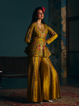Mustard yellow womens angrakha suit with floor length sharara