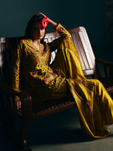 Mustard yellow womens angrakha suit with floor length sharara