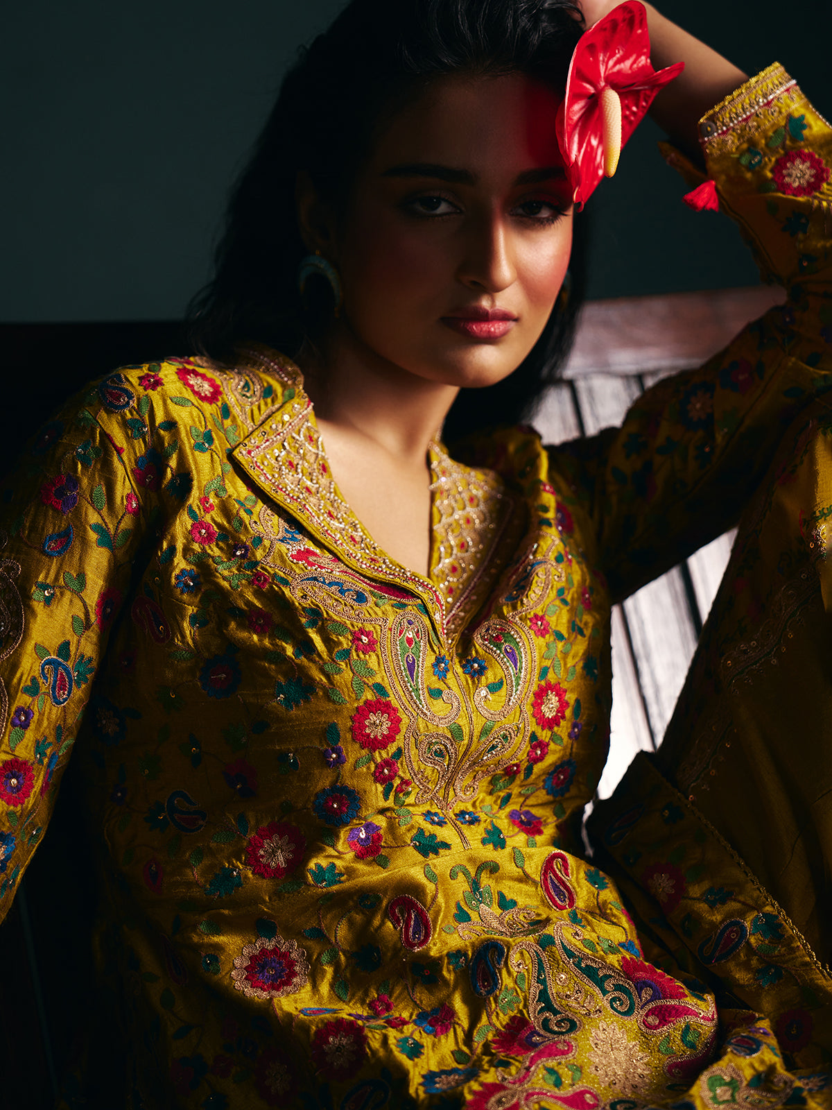 Mustard yellow womens angrakha suit with floor length sharara