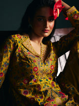 Mustard yellow womens angrakha suit with floor length sharara