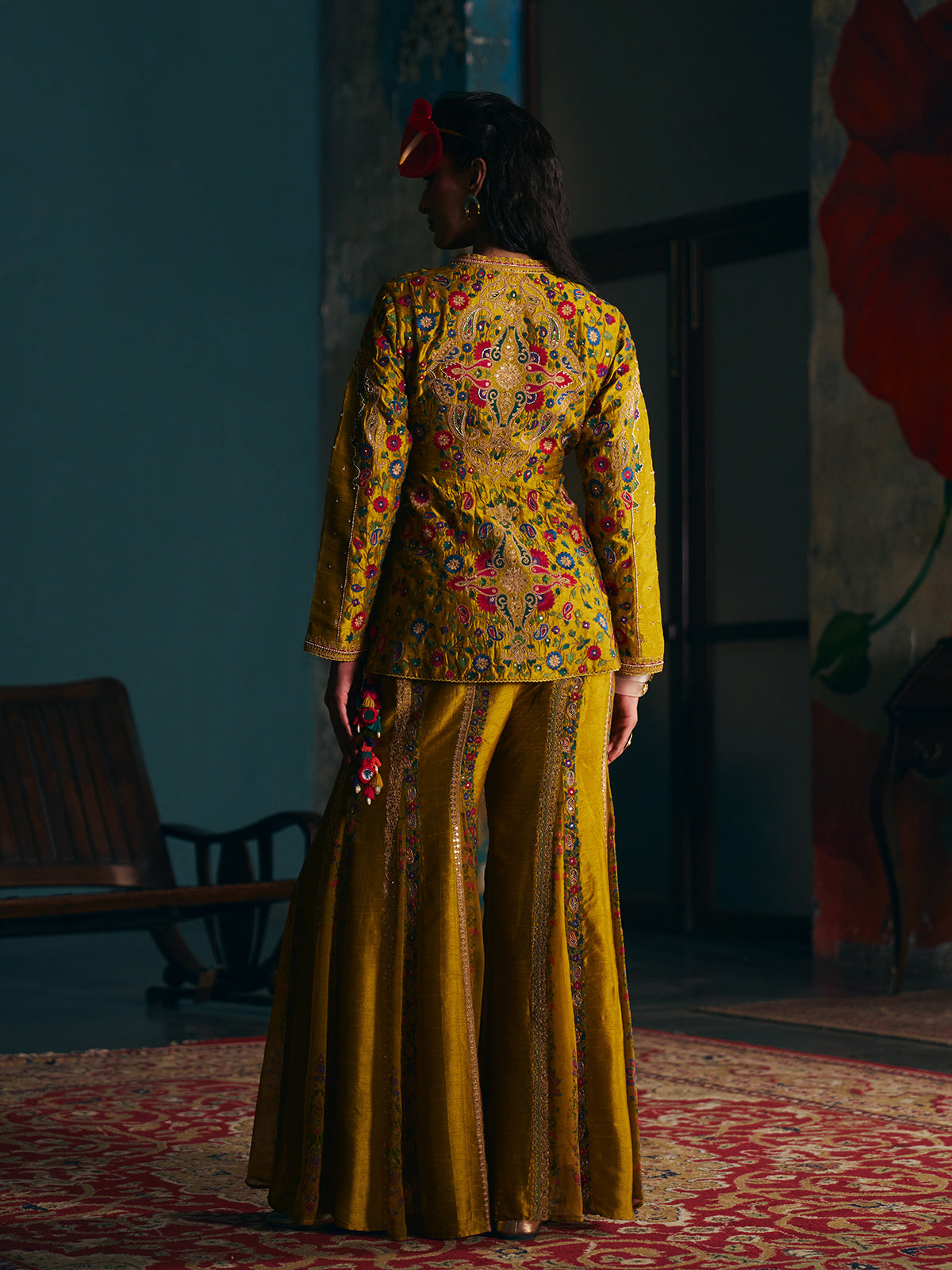 Mustard yellow womens angrakha suit with floor length sharara
