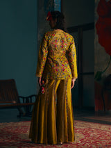 Mustard yellow womens angrakha suit with floor length sharara