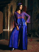 Navy blue womens designer sharara suit with folk embroidery
