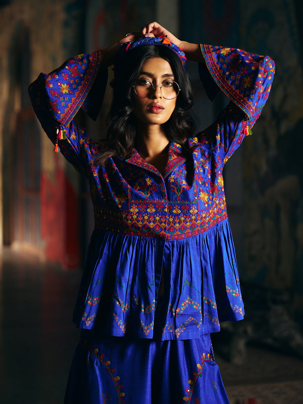 Navy blue womens designer sharara suit with folk embroidery