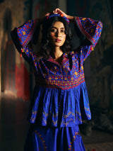 Navy blue womens designer sharara suit with folk embroidery