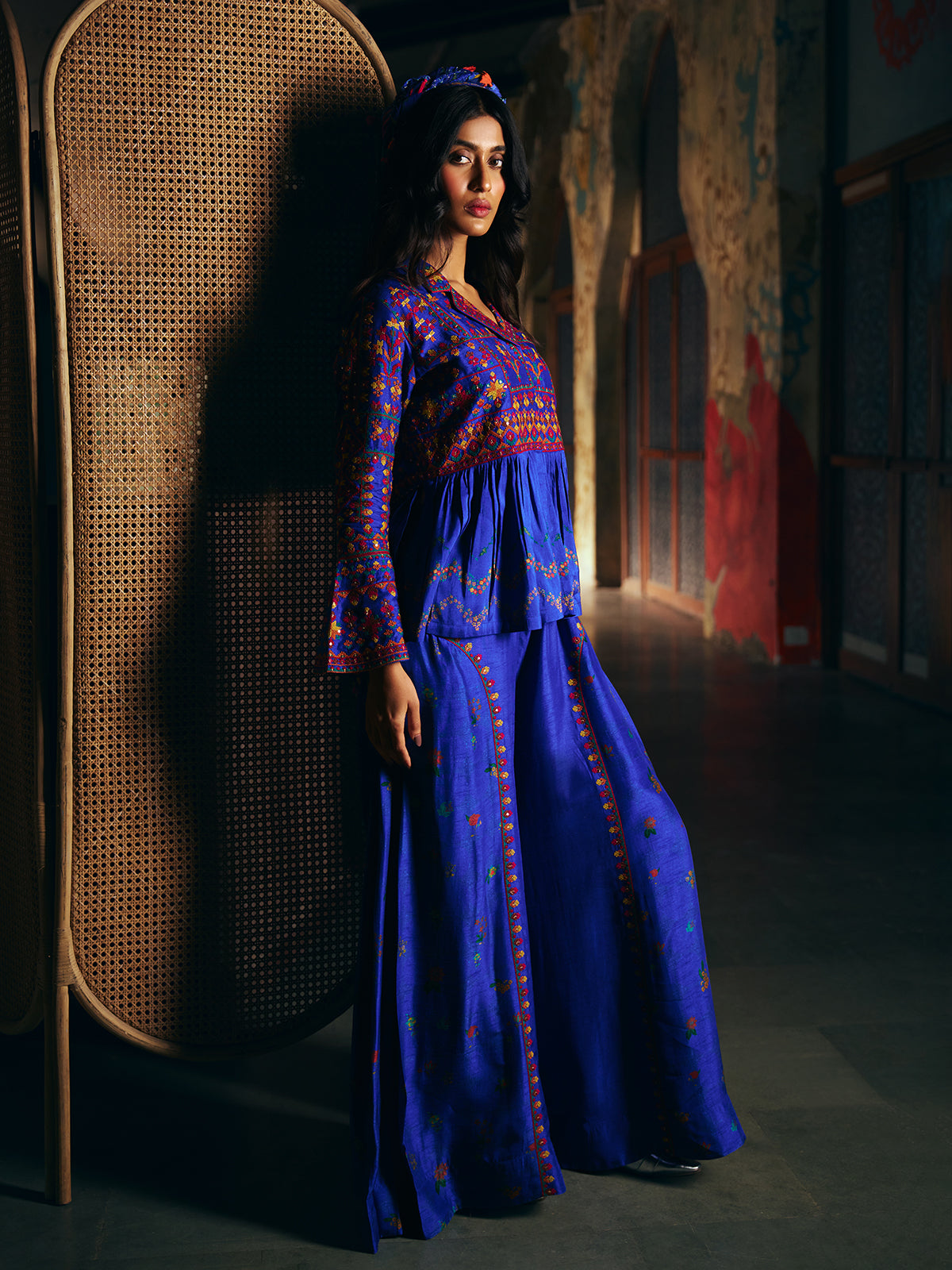 Navy blue womens designer sharara suit with folk embroidery