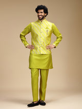 Lime green banarasi brocade silk mens nehru jacket set