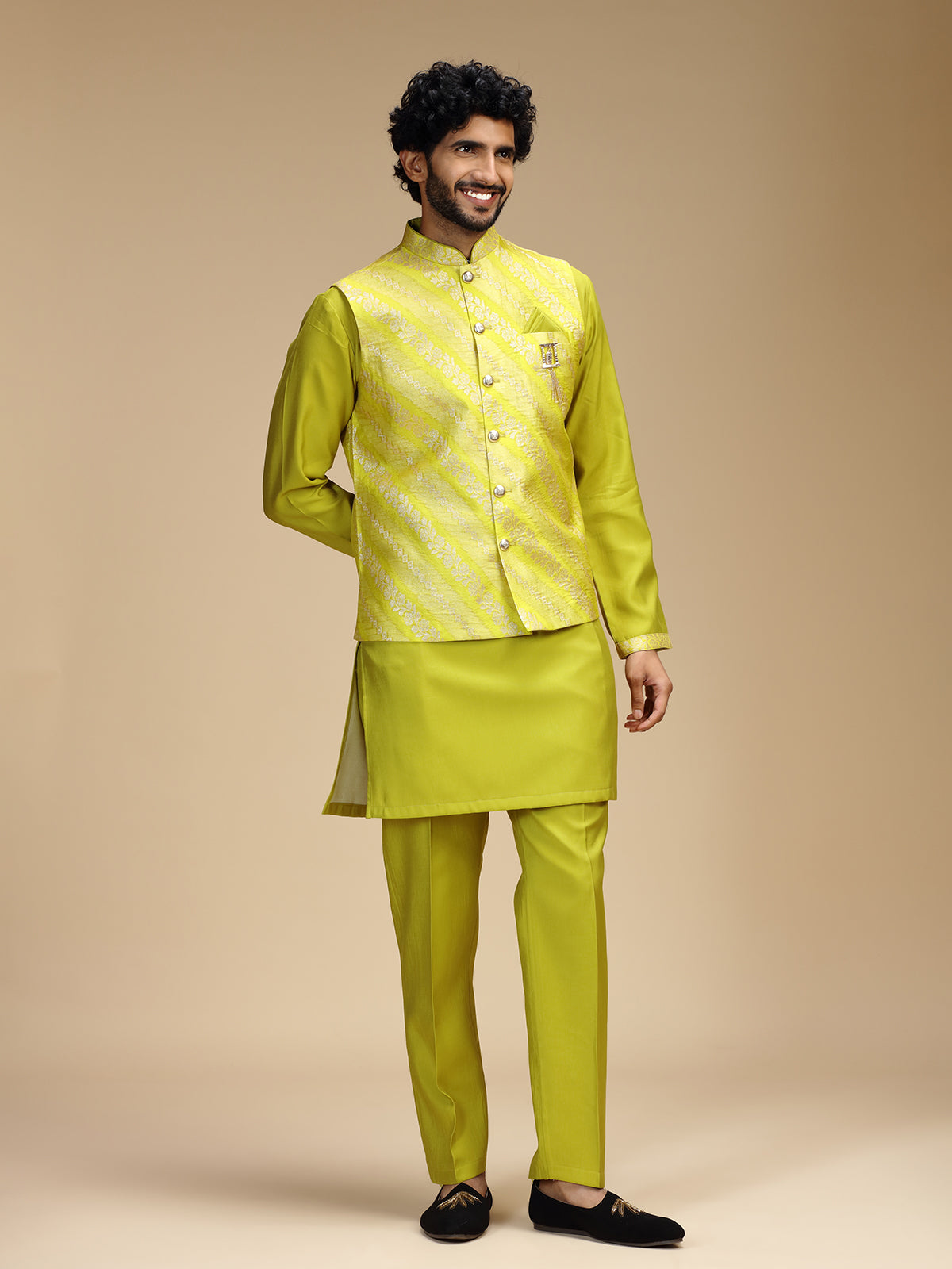 Lime green banarasi brocade silk mens nehru jacket set
