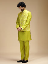 Lime green banarasi brocade silk mens nehru jacket set