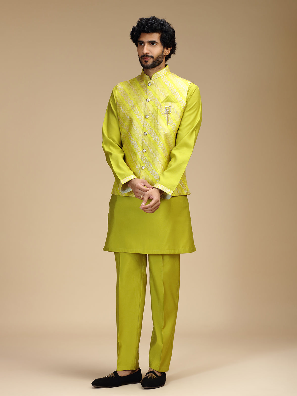 Lime green banarasi brocade silk mens nehru jacket set