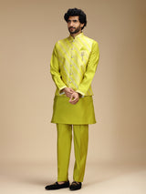 Lime green banarasi brocade silk mens nehru jacket set