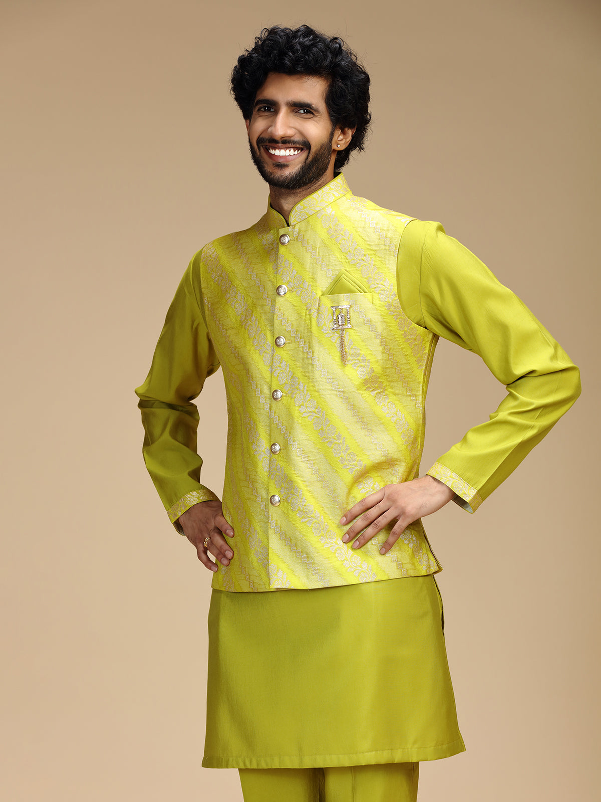 Lime green banarasi brocade silk mens nehru jacket set